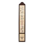 A stained wood cased wall thermometer