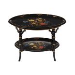 Y A Victorian painted and mother of pearl inset papier mache two tier table