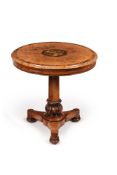 A George IV figured walnut, marquetry and zebrawood crossbanded centre table