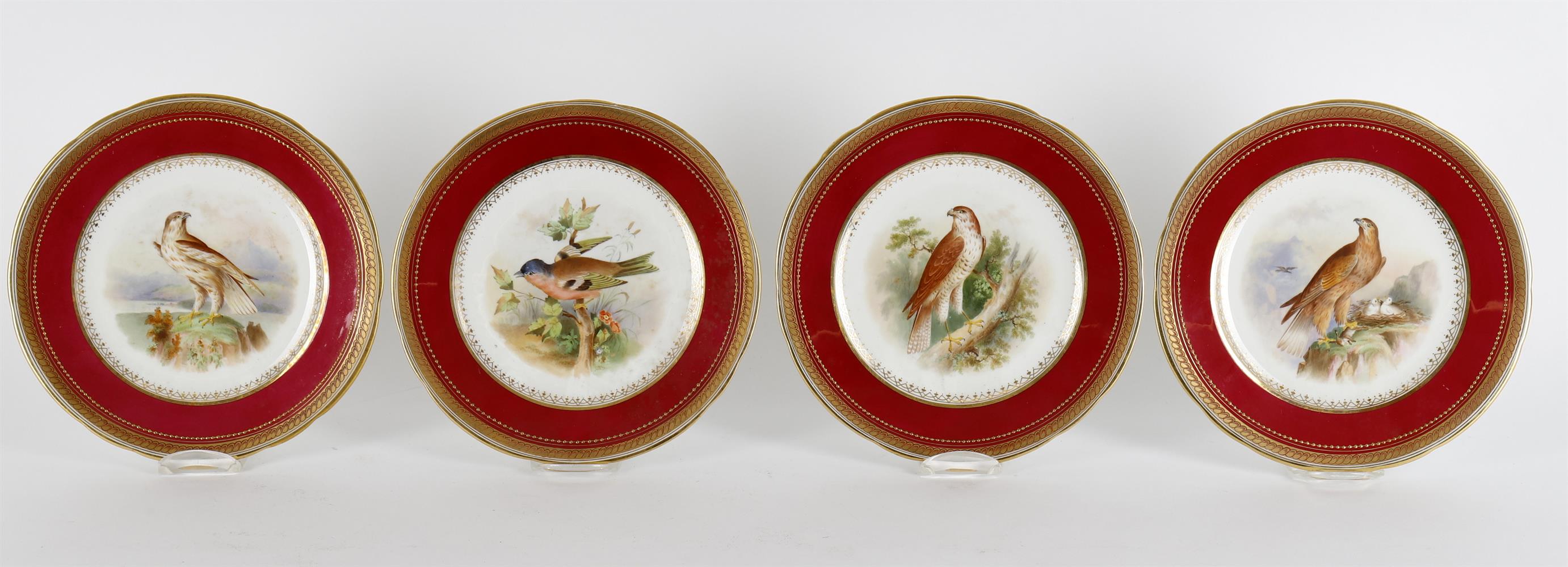 A late 19th century English porcelain claret ground ornithological dessert service - Image 4 of 7