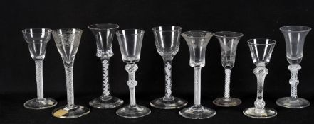 18th century wine glasses including an air twist wine glass of drawn trumpet shape