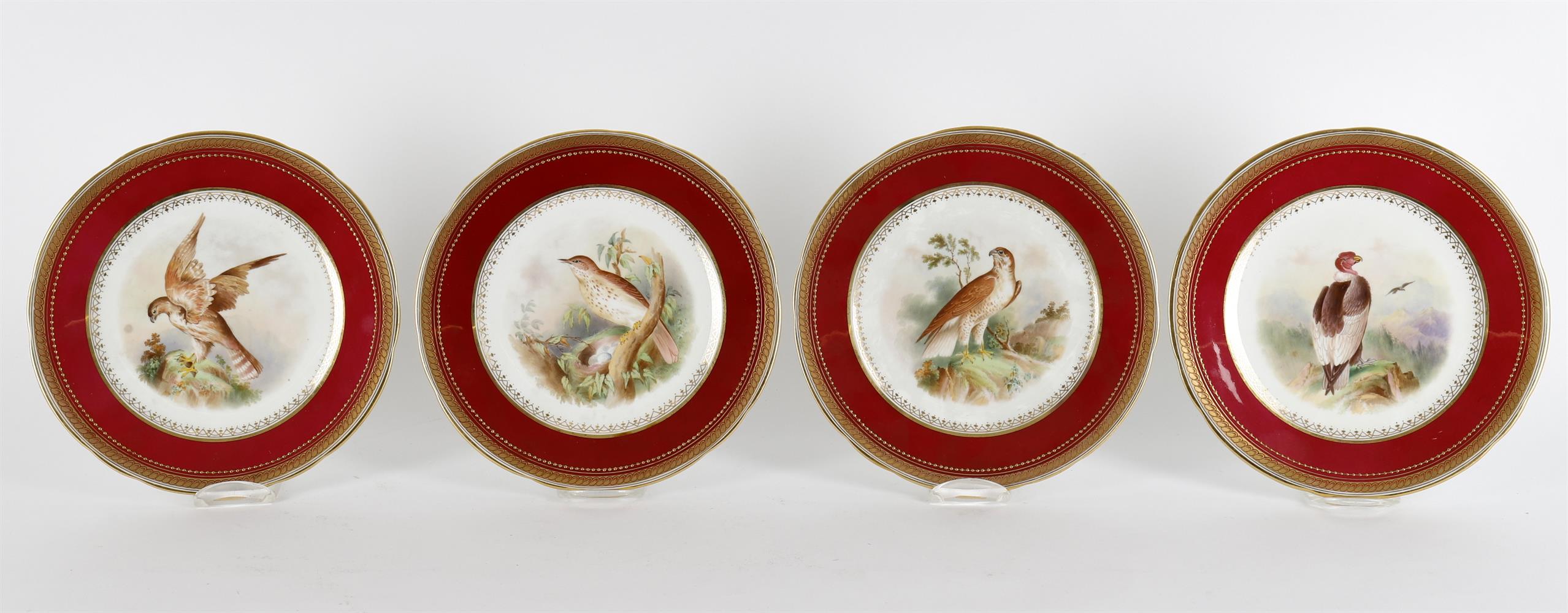 A late 19th century English porcelain claret ground ornithological dessert service - Image 2 of 7