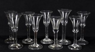 18th century wine glasses including five plain stemmed wine glasses