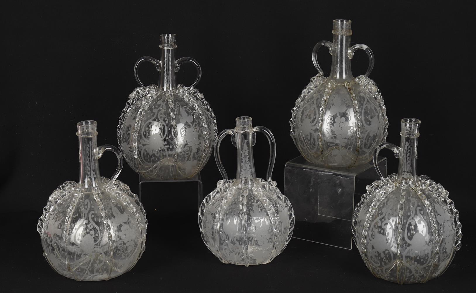 Five 19th century Dutch glass 'Bruidsfles' decanters
