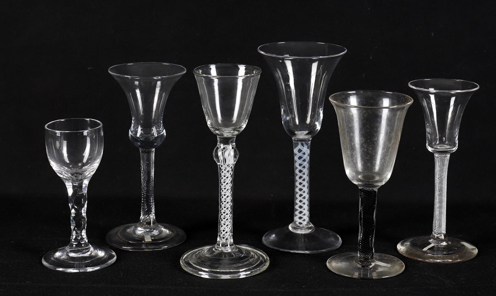 Six 18th century wine glasses with assorted twist stems