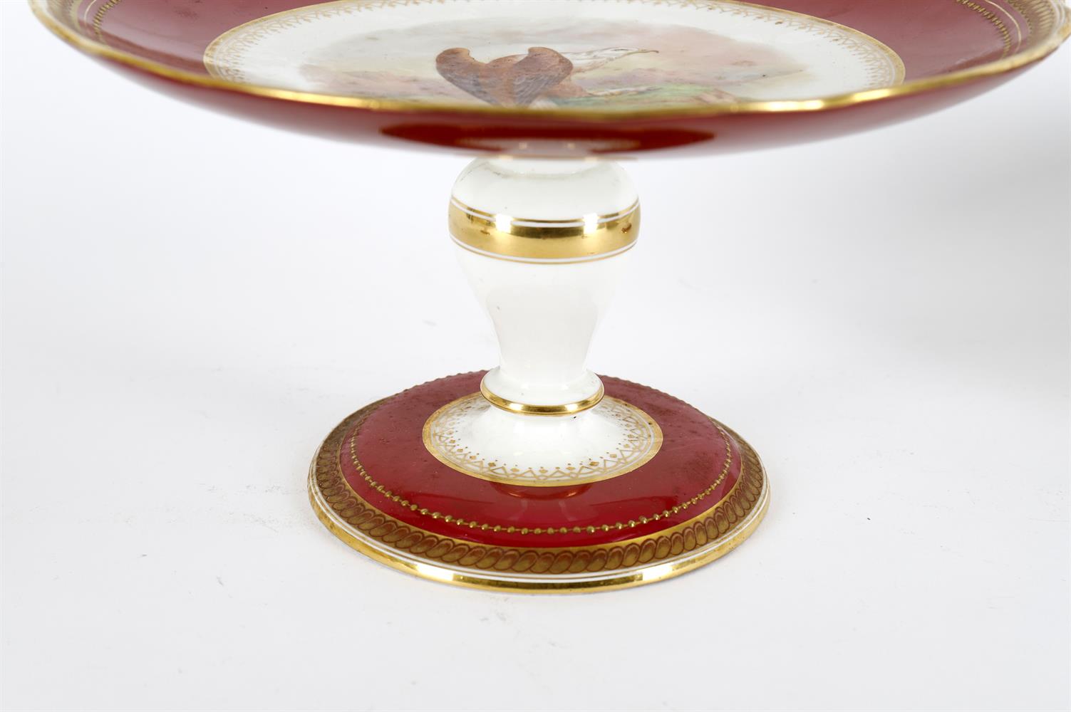 A late 19th century English porcelain claret ground ornithological dessert service - Image 7 of 7