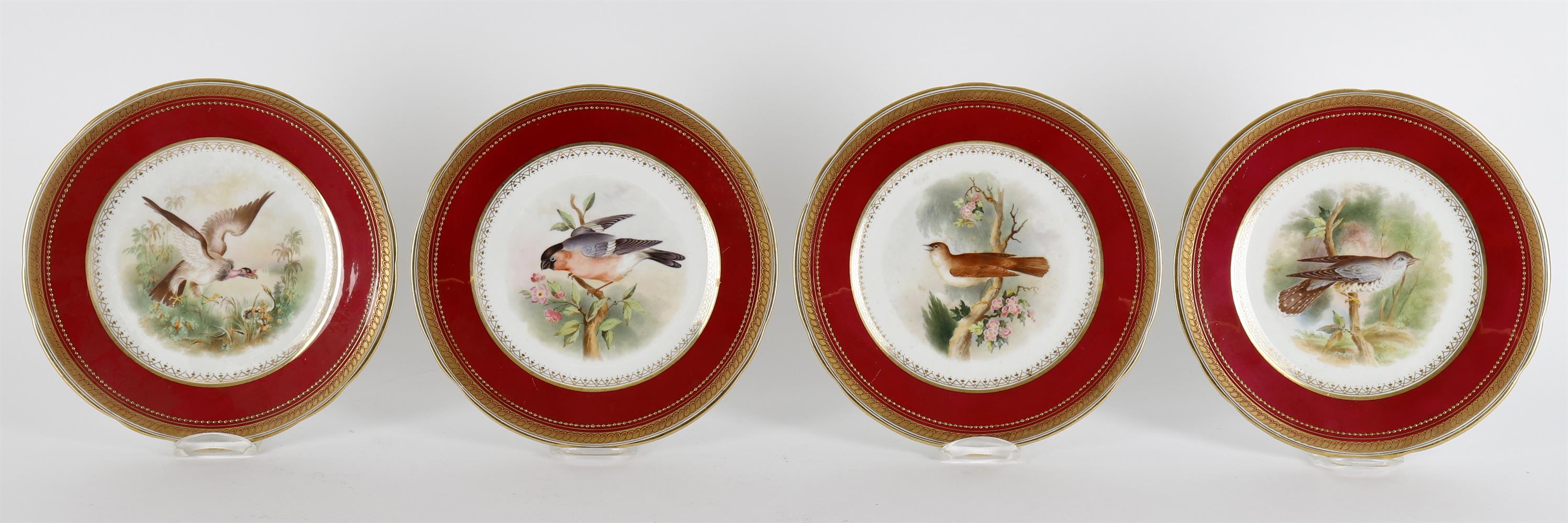 A late 19th century English porcelain claret ground ornithological dessert service - Image 3 of 7