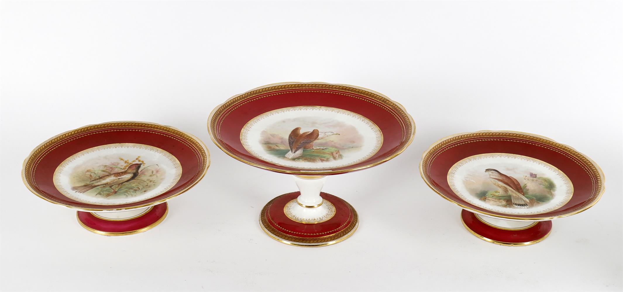 A late 19th century English porcelain claret ground ornithological dessert service - Image 6 of 7