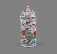 A very rare Chinese porcelain famille verte cylindrical apothecary jar and domed cover