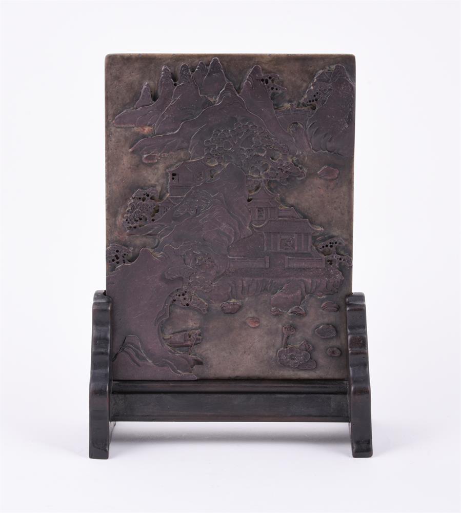 A Chinese qiyang soapstone carved table screen - Image 2 of 3