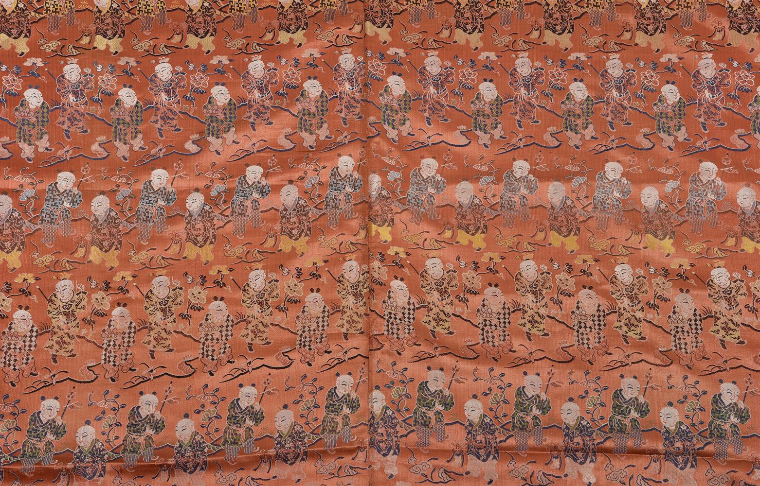 A Chinese silk coral ground panel of 'one hundred boys' - Image 2 of 3