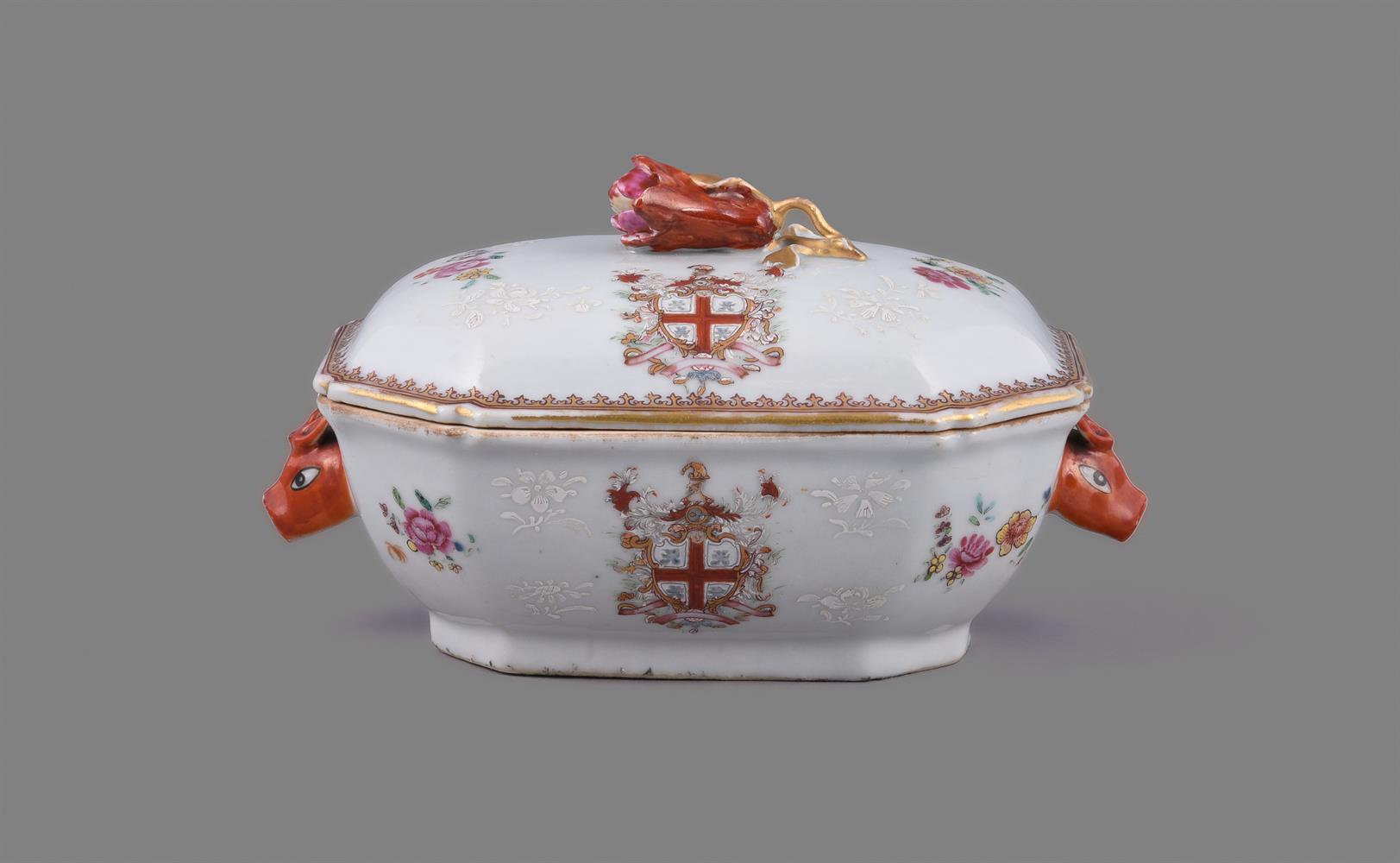 A Chinese export porcelain famille rose armorial octagonal-shaped sauce tureen and cover