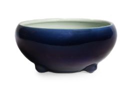 A Chinese cobalt blue-glazed tripod censer or brush washer