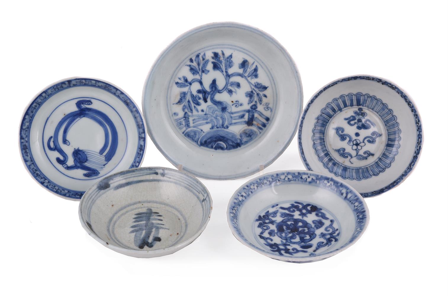 Five Chinese Ming blue and white dishes