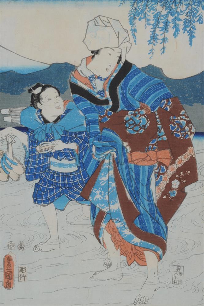 Utagawa Toyokuni III: A woodblock printed triptych in inks on mulberry bark paper - Image 5 of 9