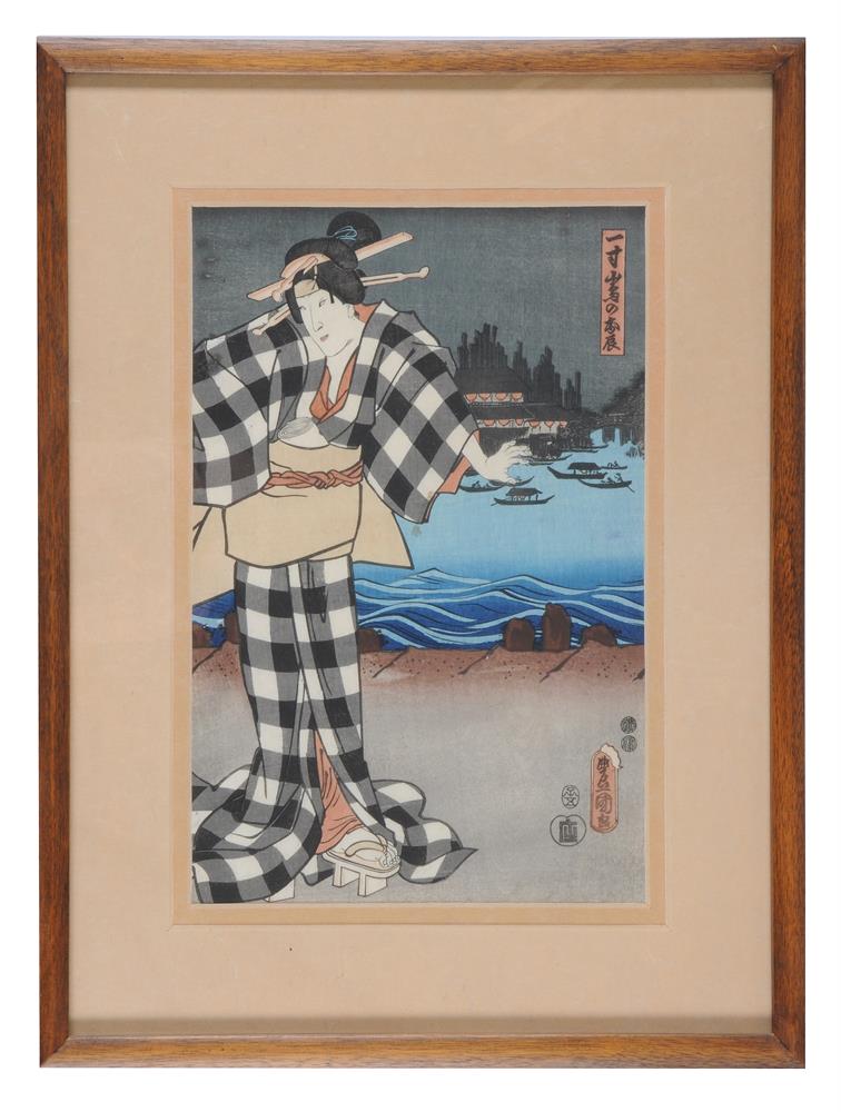 Utagawa Toyokuni III: A woodblock printed triptych in inks on mulberry bark paper - Image 9 of 9