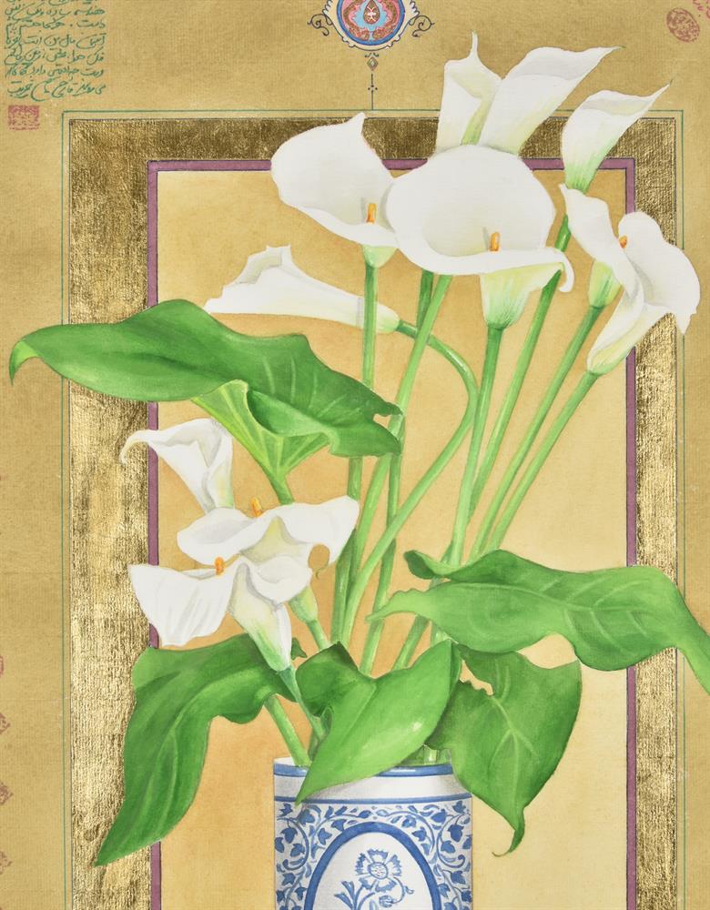 A Contemporary Persian watercolour of lilies in a vase - Image 3 of 6