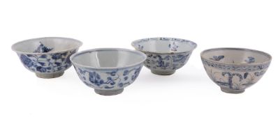 A group of four Ming blue and white bowls