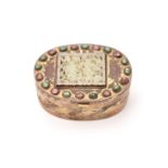 A Chinese gilt-copper jade and hardstone-mounted oval box and cover