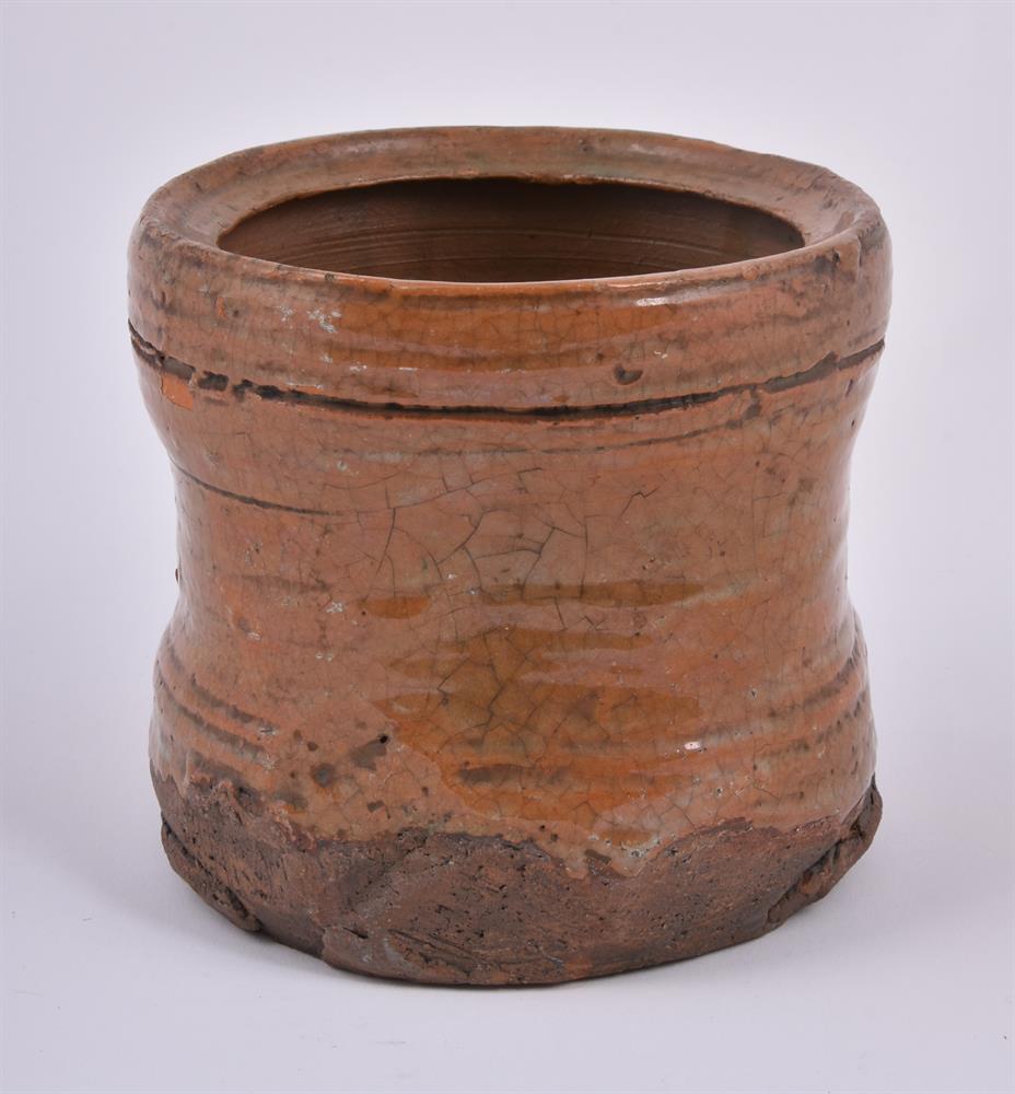 A Red Raku Pottery Mizusashi of irregular cylindrical form - Image 3 of 5