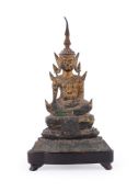 A Thai bronze figure of Budhha seated on a high pedestal throne