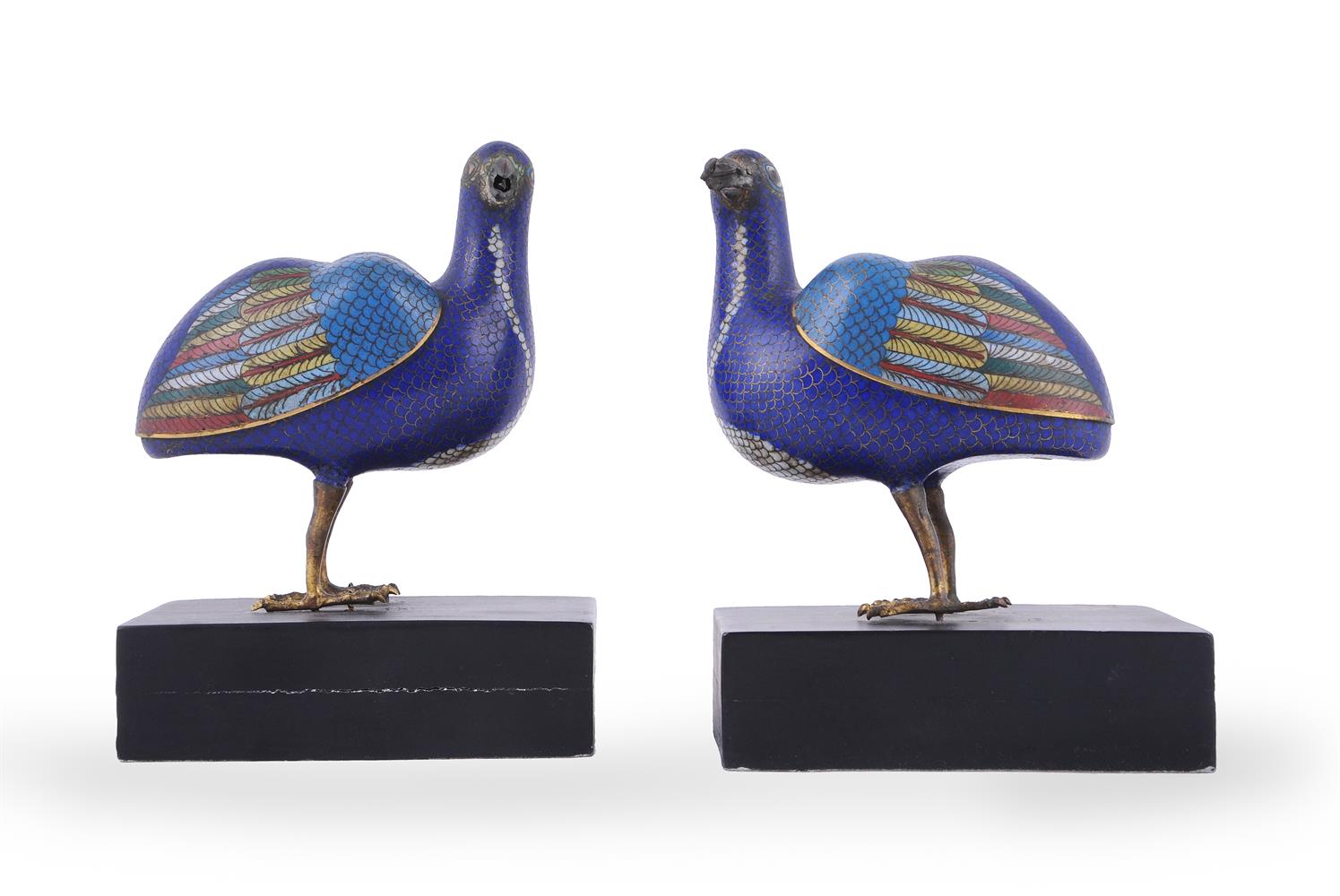 A pair of Chinese Cloisonné enamel 'Quail' censers and covers