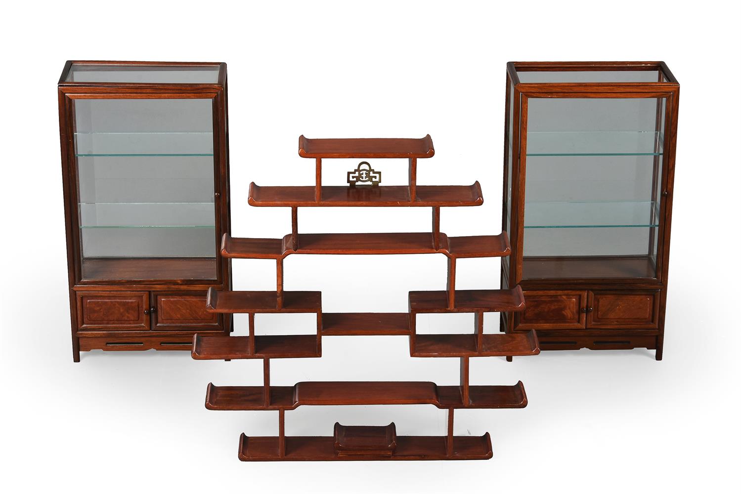 A pair of Chinese hardwood and burr wood table top display cabinets