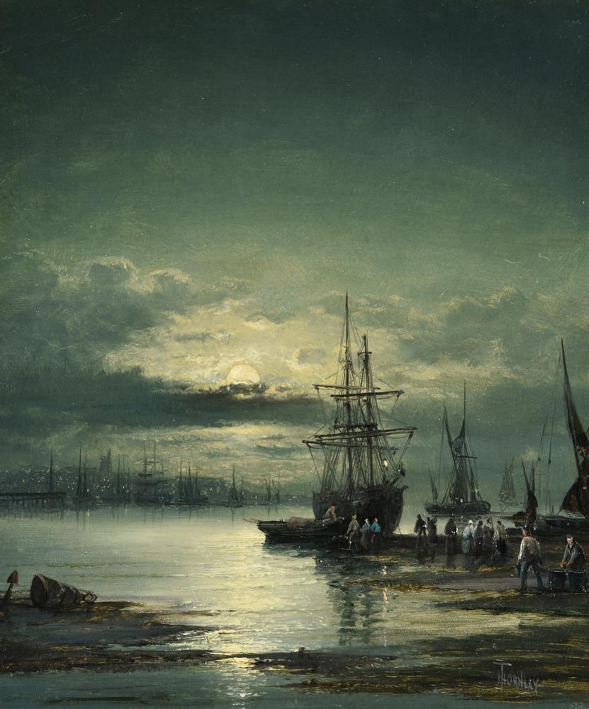 William (Anslow) Thornley (British c.1830-1898), Moonlit estuary; A quay at dawn (2) - Image 2 of 6