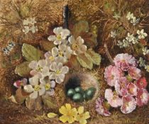 Vincent Clare (British 1855-1930), Flowers with a bird's nest; Fruit in a basket (2)