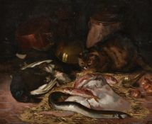 French School (19th century), A still life with cat, fish and game