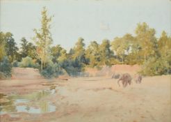 Robert George Talbot Kelly (British 1861-1934), Elephants in an Indian dry river landscape