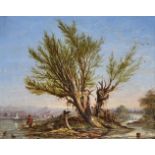 English School (19th century), River landscape with fisherman beside a large tree