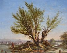 English School (19th century), River landscape with fisherman beside a large tree