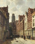 William Hendrick Eickelberg (Dutch 1845-1920), A street scene in Rotterdam with the cathedral beyond