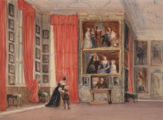 David Cox Senior (British 1783-1859), The Long Gallery Hardwick Hall interior with lady
