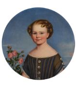 British School (Late 19th century), Portrait of a young girl, wearing a blue and grey striped dress