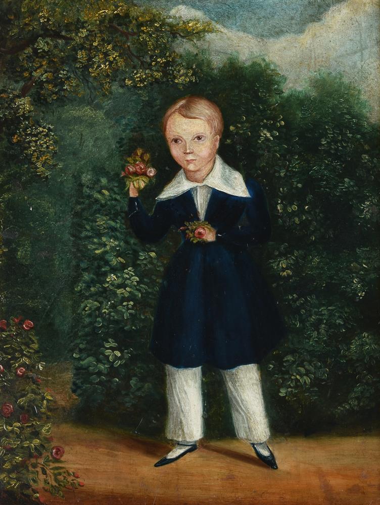 English Provincial School (19th century), A boy holding sprigs of roses, in a garden