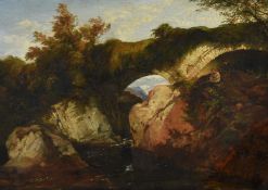 George Hickin (British 19th century), A rocky river landscape with bridge and boy fishing