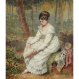 Anna Maria Charretie (British 1819-1875), A girl wearing a white dress seated in a woodland glade