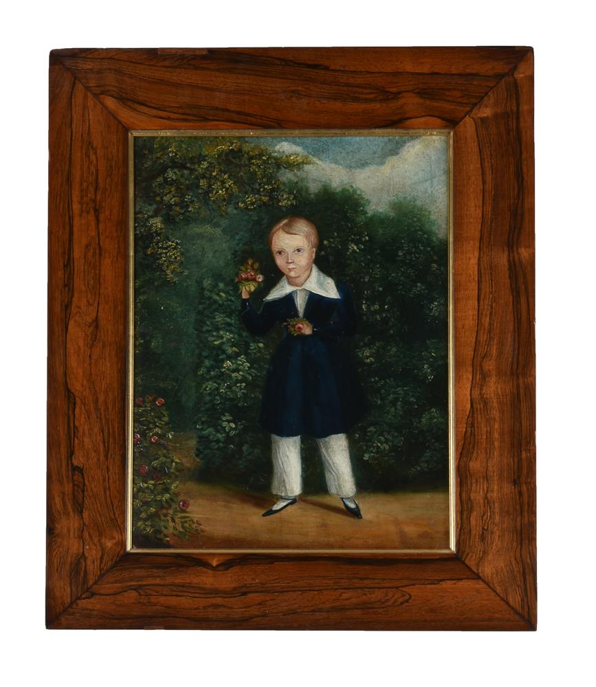 English Provincial School (19th century), A boy holding sprigs of roses, in a garden - Image 2 of 3