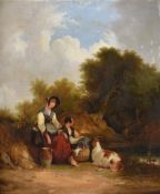 William Joseph Shayer (British 1811-1892), Girls picnicking by a pond and a goat nearby