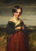 J. P Drew (British fl.1835-1861), A country girl wearing a red dress and blue wrap in a landscape