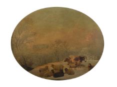 English School (19th century), Sheep and cattle in a snowy landscape