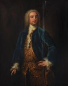 Follower of Thomas Hudson, Portrait of a gentleman, three quarter length in an embroidered waistcoat