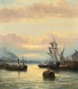 William (Anslow) Thornley (British c.1830-1898), Moonlit estuary; A quay at dawn (2)