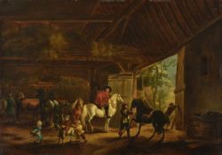 Follower of Philips Wouwerman, Horsemen and children in a stable