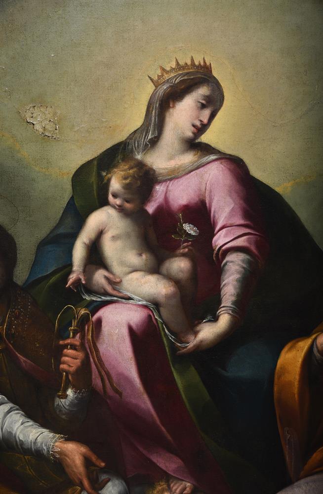Attributed to Carlo Francesco Nuvolone (Italian 1609-1661), The Madonna and Child with saints - Image 3 of 12