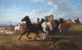 Charles H. Poingdestre (British 1825-1905), Herding the horses