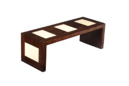 An exotic hardwood and simulated shagreen inset coffee table