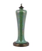 An Art Nouveau pottery high temperature fired mottled green glazed slender baluster gilt-metal-mount